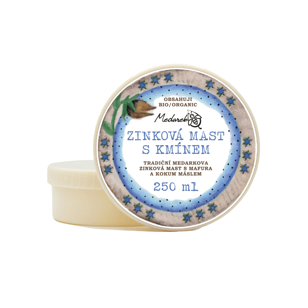 Zinková mast Medarek s kmínem, 250 ml, pro citlivou pokožku, 100% přírodní složení, vhodná i pro miminka.