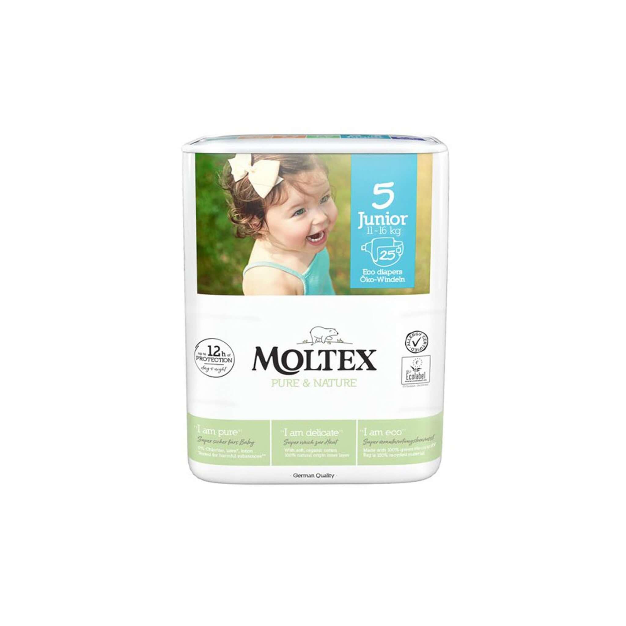Moltex jednorázové non-toxic plenky velikost 5, bez parfémy a chlóru, šetrné k dětské pokožce.