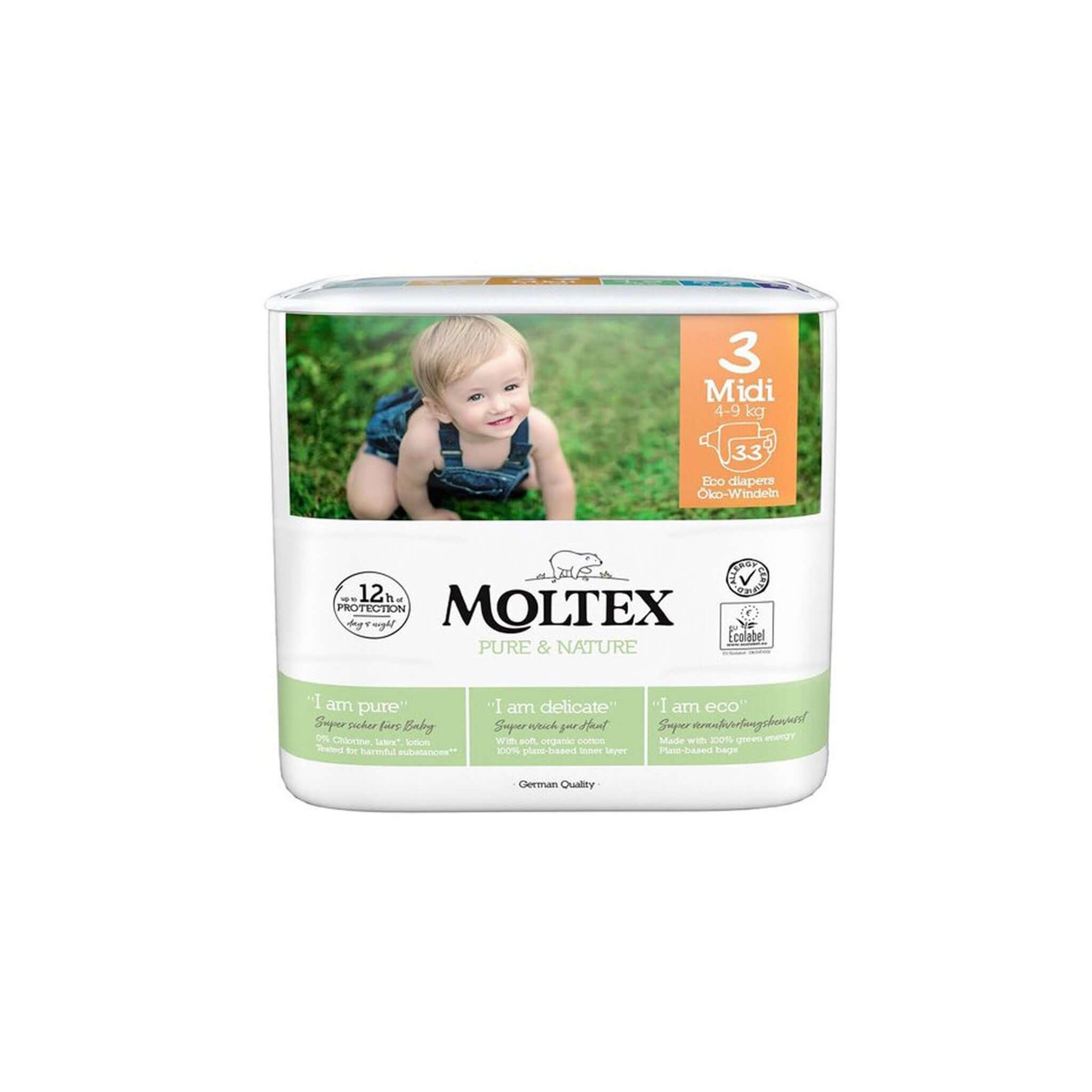 Moltex jednorázové non toxic plenky velikost 3, bez parfémů a chlóru, vyrobené z přírodních materiálů.