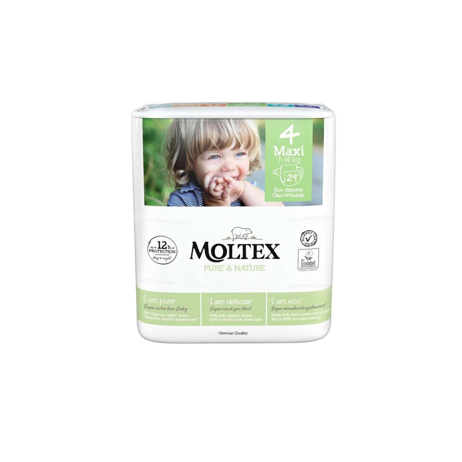 Moltex jednorázové pleny velikost 4, non-toxic, vyrobené z přírodních zdrojů, bezpečné pro citlivou pokožku.