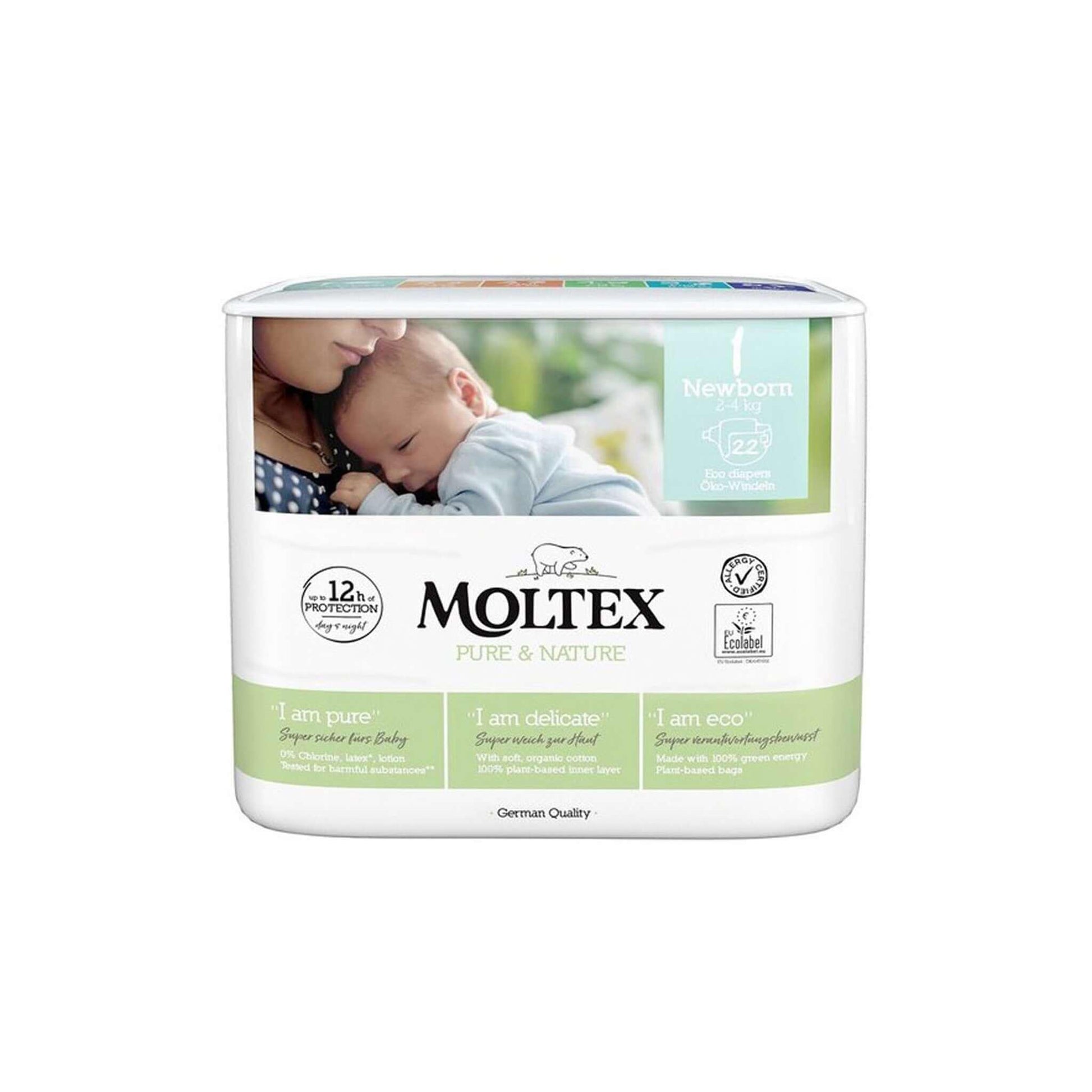 Moltex jednorázové plenky velikost 1 pro novorozence, bez chemikálií, s přírodními zdroji a certifikací OEKO-TEX®.