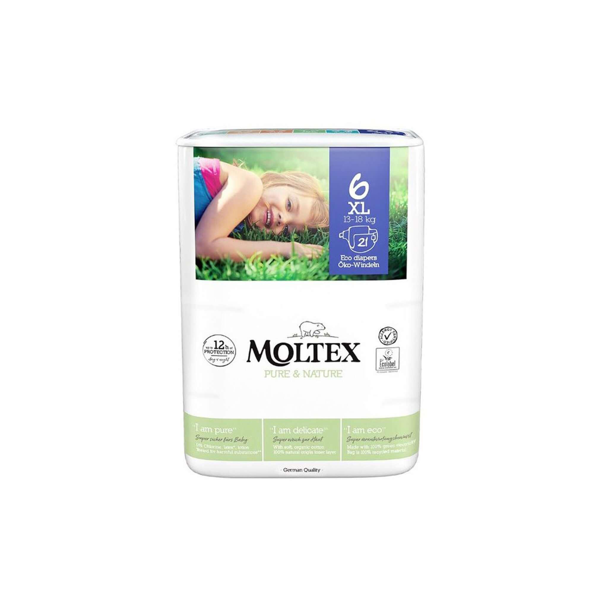 Moltex jednorázové non-toxic plenky velikost 6, vyrobené z přírodních materiálů, bez parfémy a chlóru.
