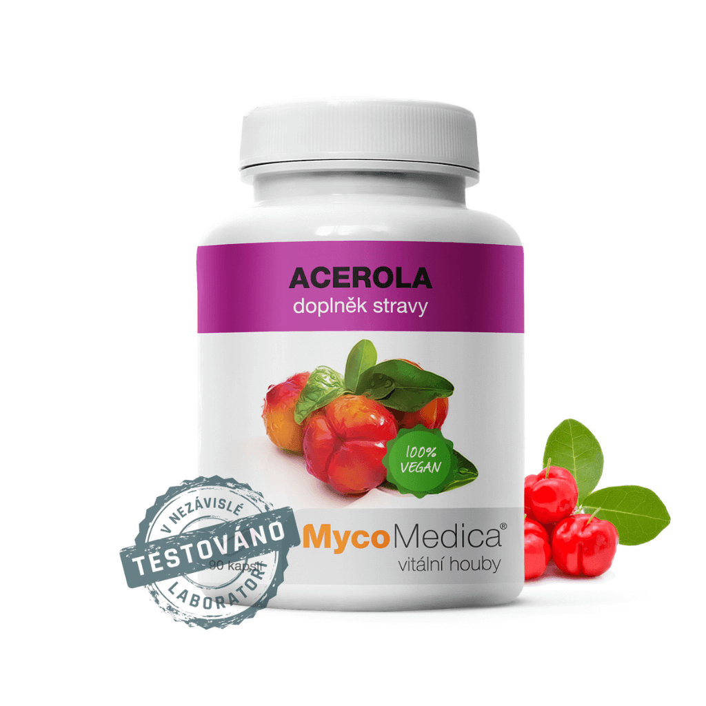 MycoMedica Acerola 90 tablet, 100% vegan, přírodní zdroj vitamínů a minerálů.