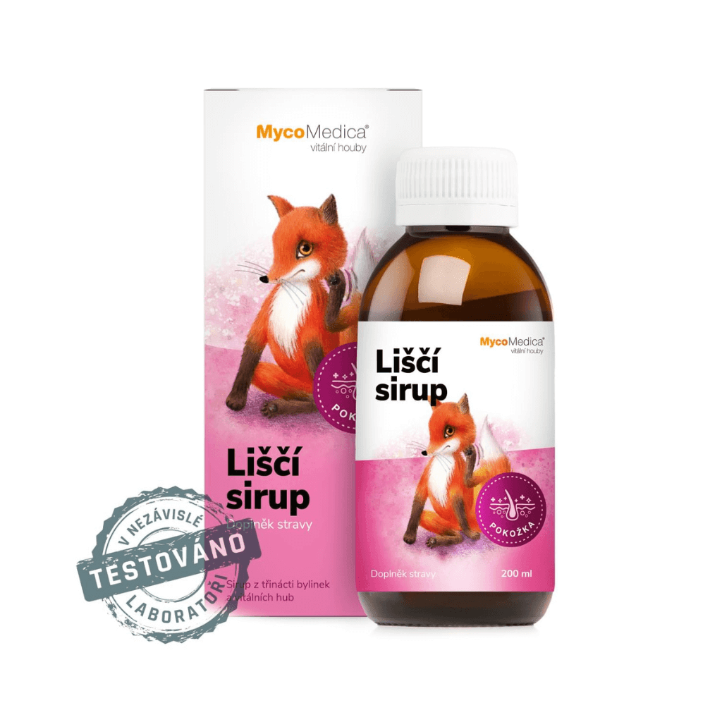 MycoMedica Liščí sirup pro děti s extrakty z hub a bylinek, podporuje zdraví pokožky, bez umělých přísad, 200ml.