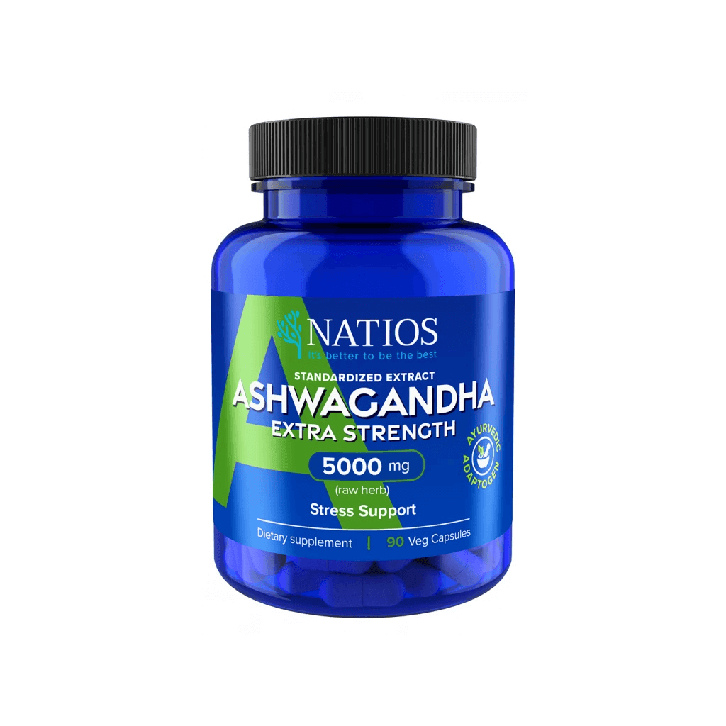 NATIOS Ashwagandha 5000 mg extra silný extrakt v modré lahvičce, 90 veganských kapslí pro podporu před stresem.