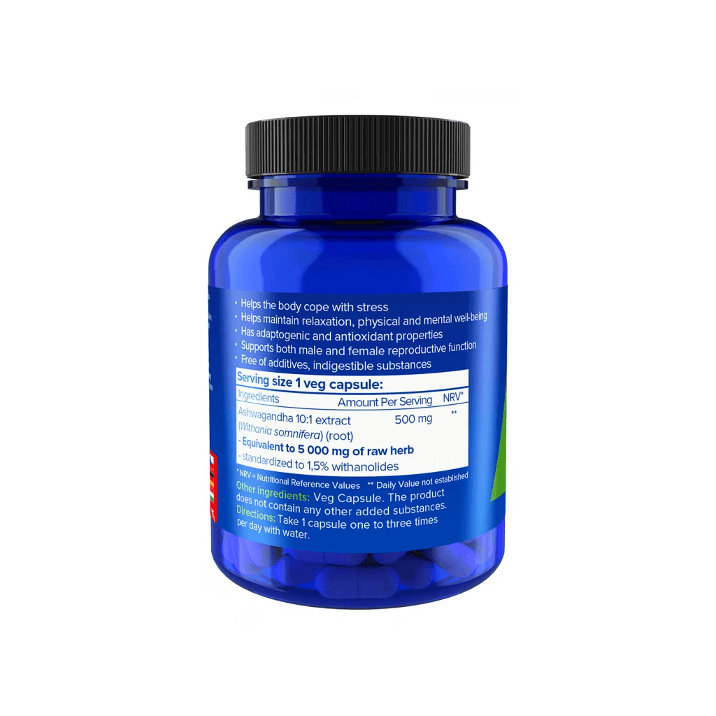 NATIOS Ashwagandha extrakt 500 mg v modré lahvičce – podpora stresu a relaxace, 90 veganských kapslí.
