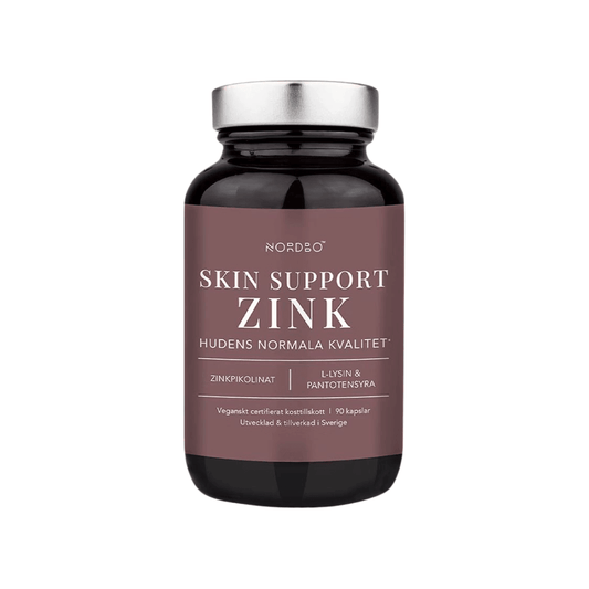Nordbo Zink Skin Support: kapsle s organickým zinkem, L-lysin a vitamín B5 pro zdravou pokožku.