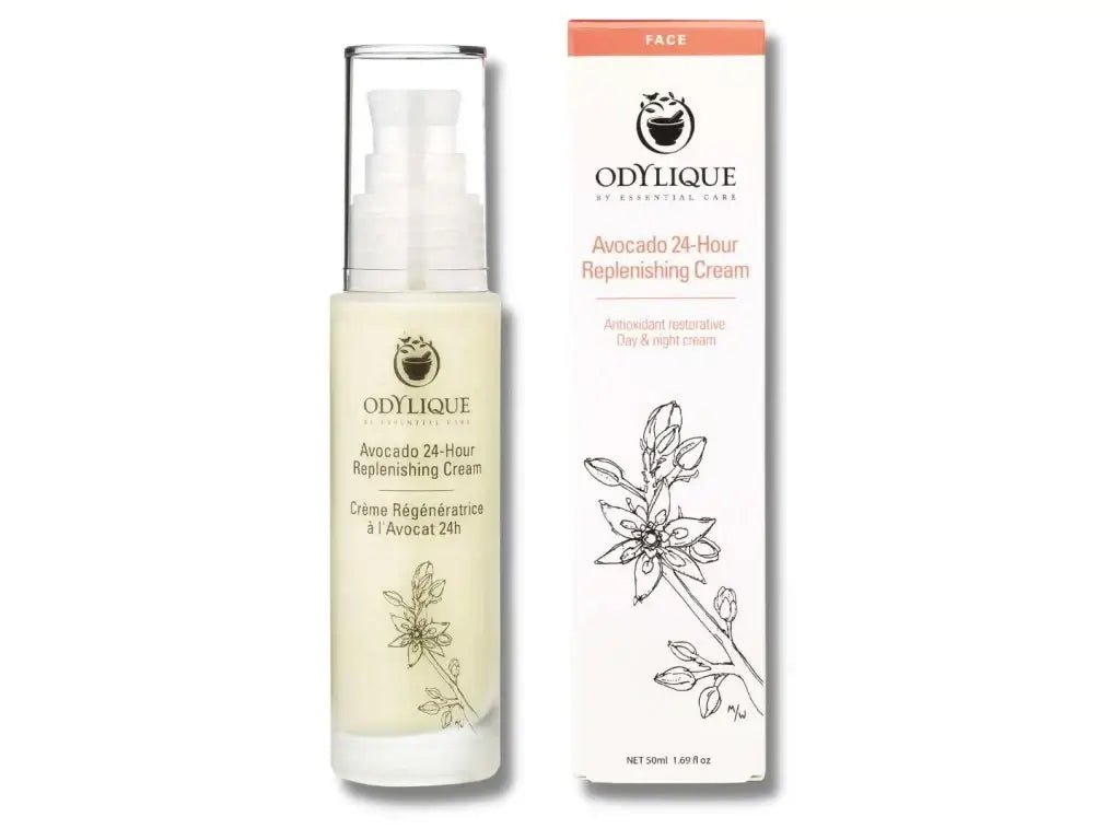 Odylique Avocado 24-Hour výživný pleťový krém v balení pro intenzivní péči o suchou pleť.