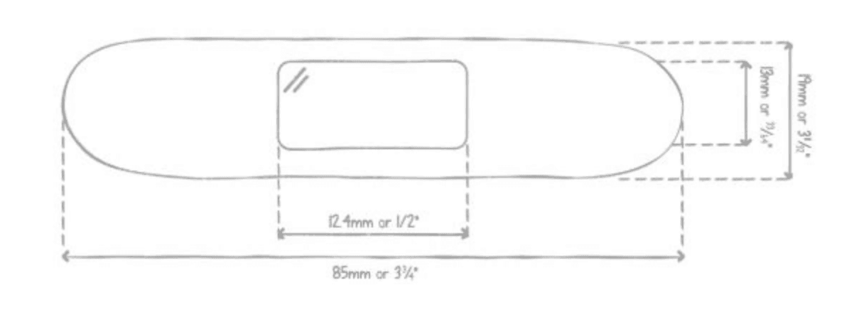 Kreslený nákres velikosti náplasti: rozměry 85mm x 12.4mm pro ekzematické náplasti z bambusu.