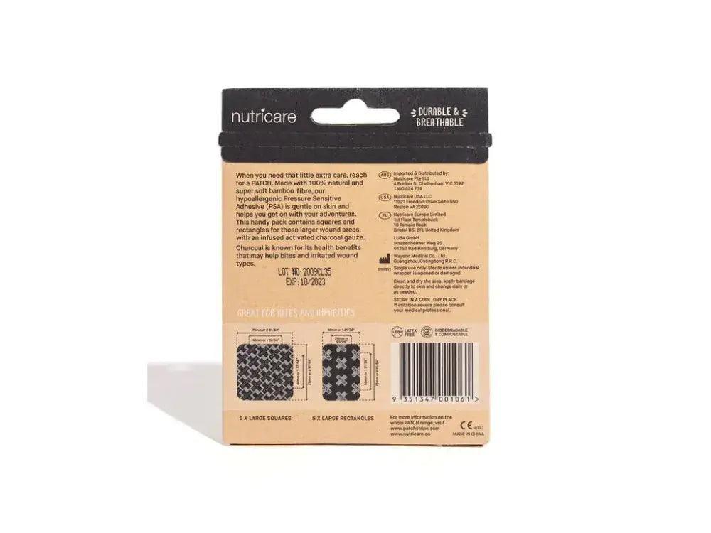 Obal přírodních bambusových náplastí Nutricare s informacemi o velikosti a použití, hypoalergenní a ekologické.