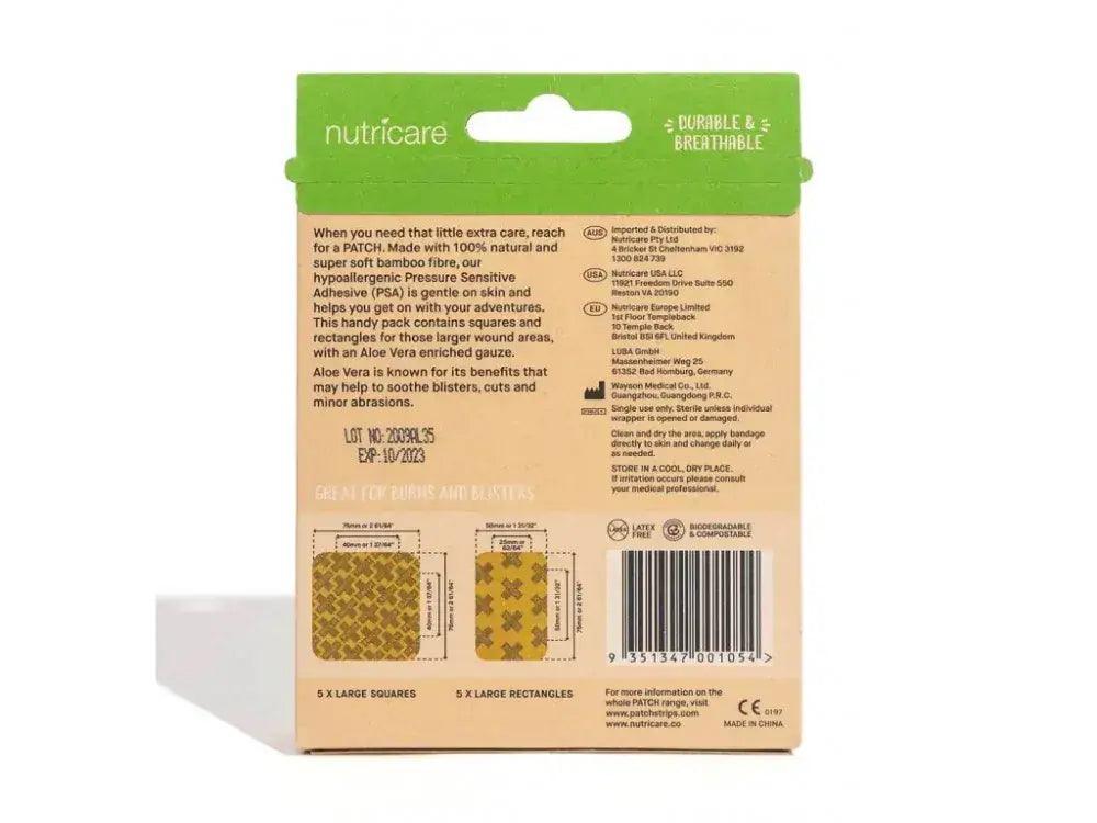 Obal produktu s bambusovými náplastmi Nutricare, vhodnými pro citlivou pokožku a hypoalergenní lepidlo.