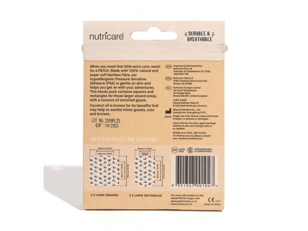 Obal přírodních náplastí Nutricare s medvídkem pandy, hypoalergenní a pro citlivou pokožku.