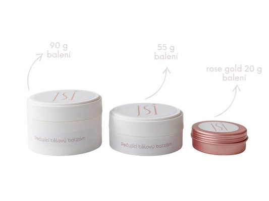 Různé velikosti balení tělového balzámu JSI, vhodného pro péči o ekzémy a popraskanou pokožku.