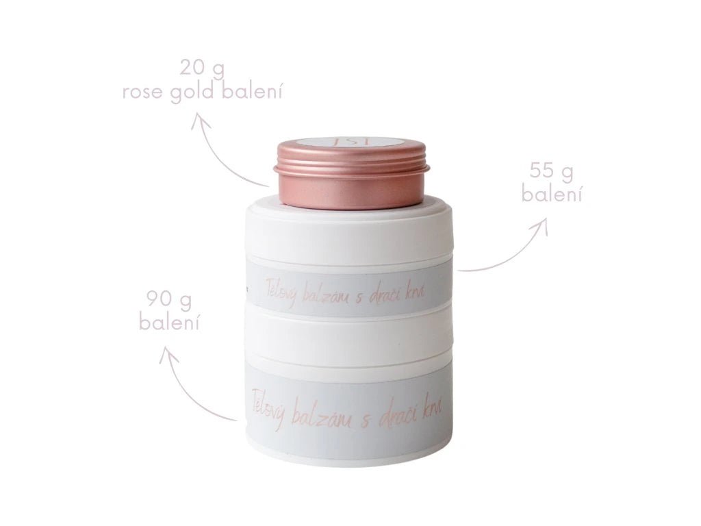 Tělový balzám s dračí krví, dostupný ve třech velikostech: 20g, 55g a 90g, elegantní balení s rose gold víčkem.