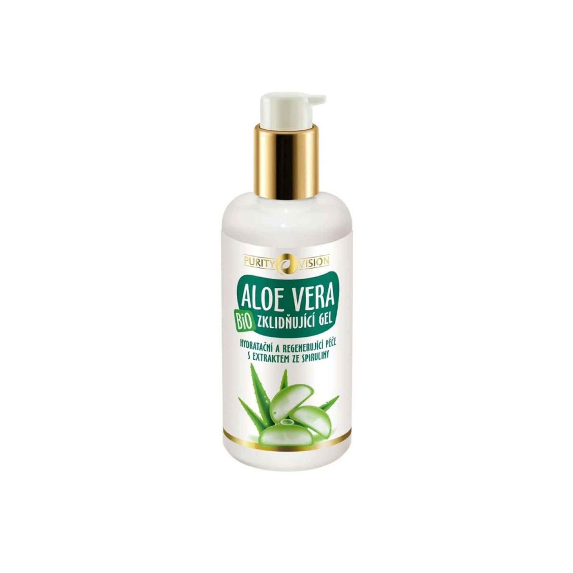 Purity Vision Zklidňující Aloe Vera gel 200 ml s extraktem ze spiruliny pro hydrataci a regeneraci pleti.