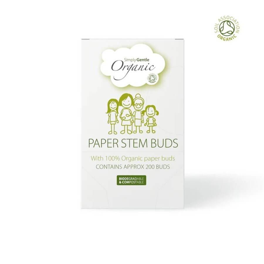 Obal ekologických vatových tyčinek Simply Gentle, 200 ks, z 100% organické bavlny a biodegradabilního papíru.