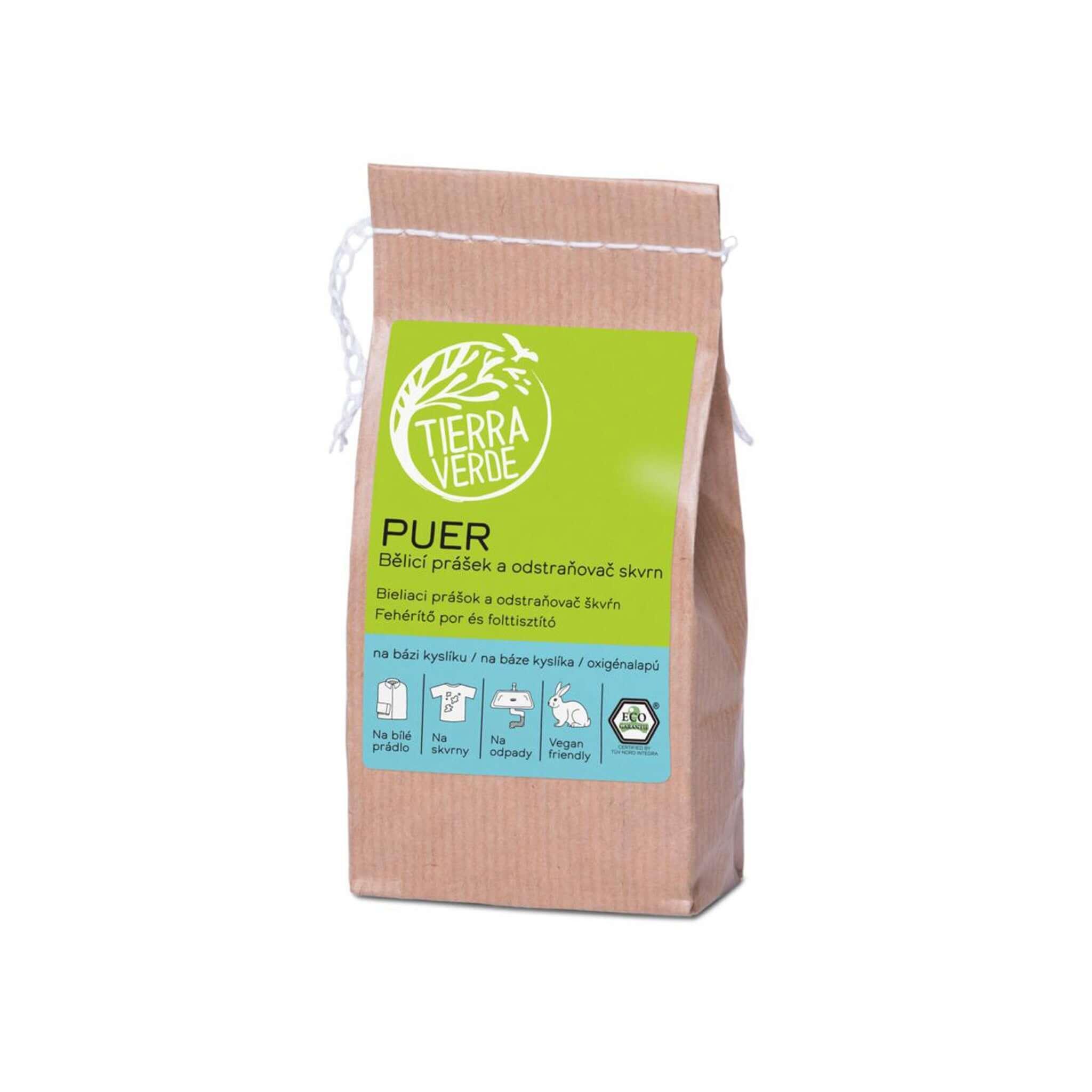Pytel Tierra Verde PUER bělící prášek a odstraňovač skvrn pro bílé prádlo bez chemie, šetrný k životnímu prostředí.
