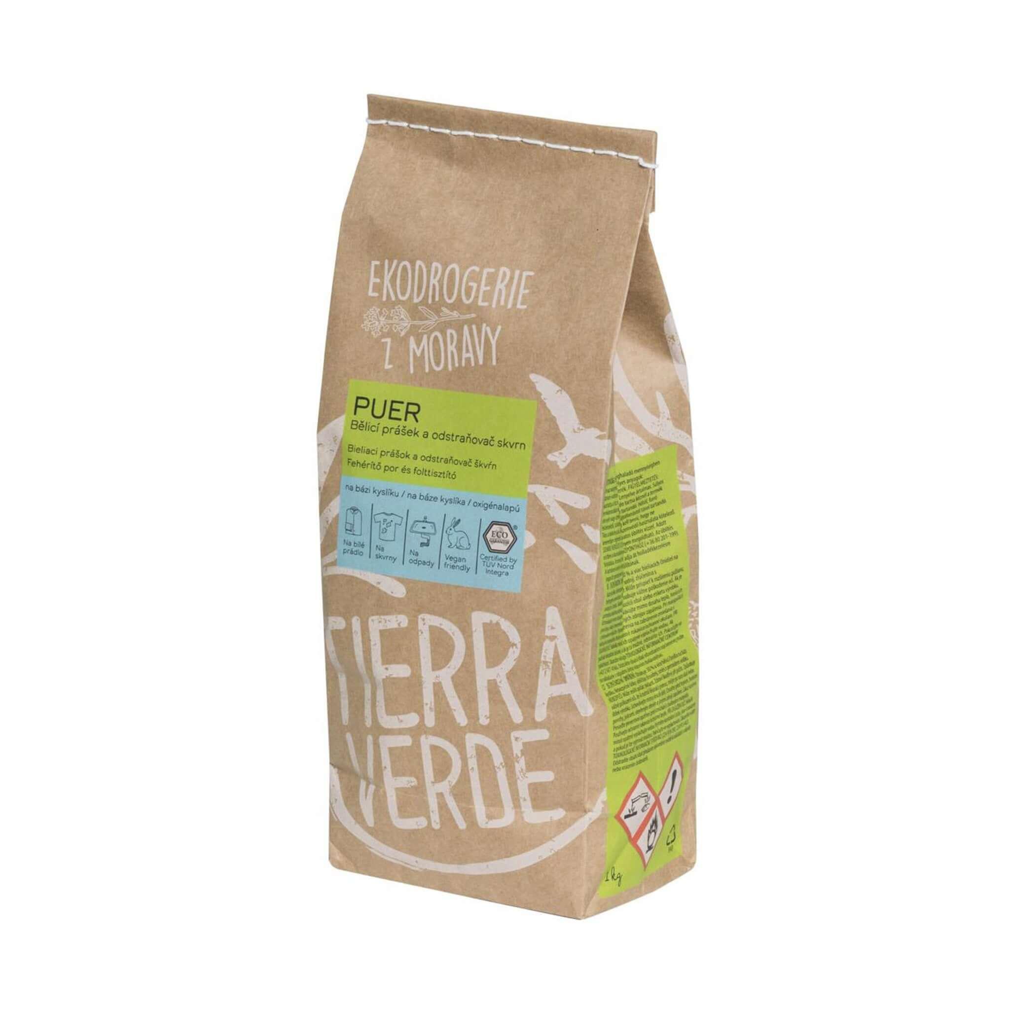 Tierra Verde bělící prášek PUER na bázi kyslíku, ekologické odstraňování skvrn bez chemických zjasňovačů.