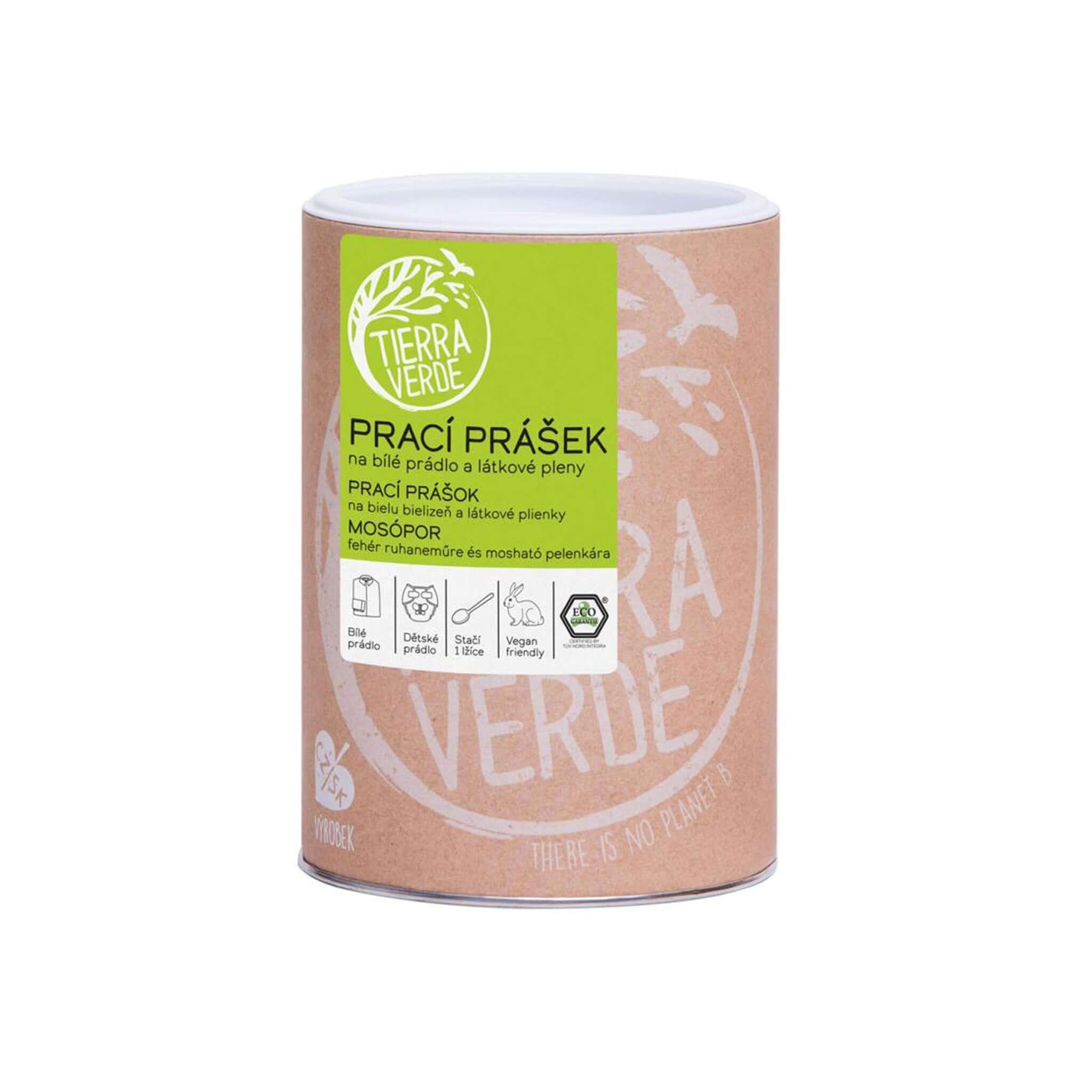 Tierra Verde prací prášek na bílé prádlo, přírodní složení, ideální na dětské oblečení a pleny.