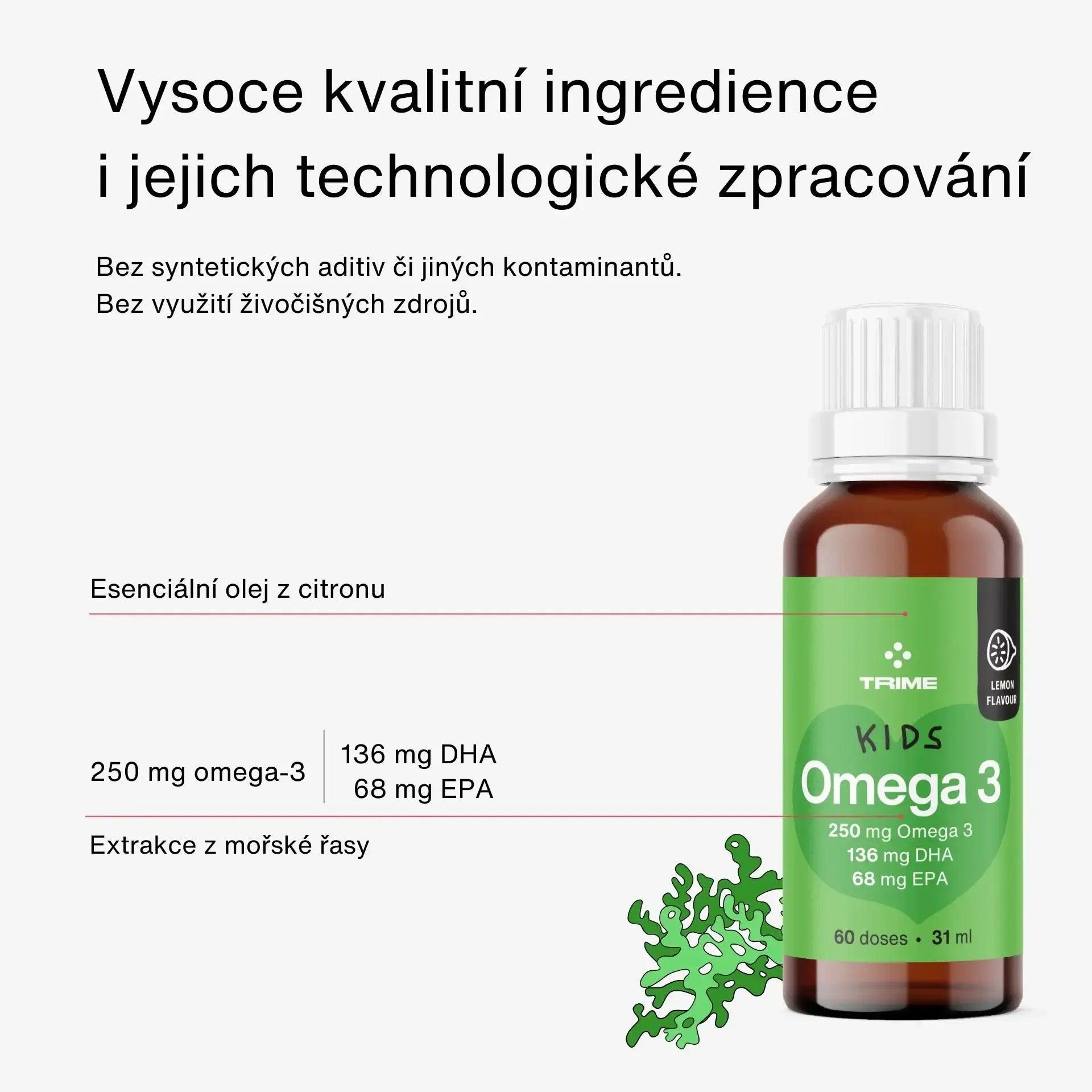 Trime Dětské Omega 3: kvalitní omega-3 mastné kyseliny EPA a DHA v kapalné formě pro zdraví dětí.