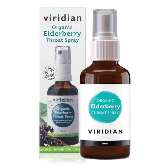 Sprej Viridian s BIO bezinkovým extraktem pro zdravou krční péči, 50 ml, vhodný pro dospělé a děti od 6 let.