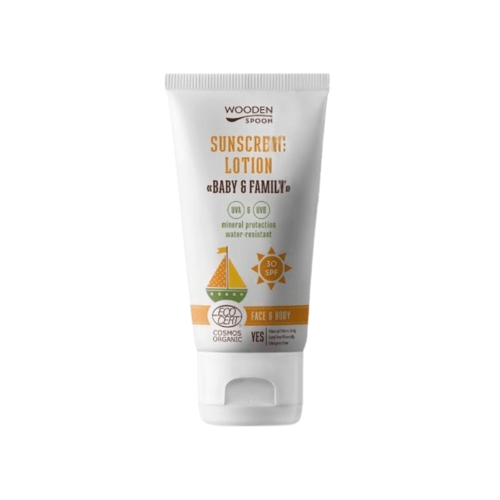 Opalovací mléko Wooden Spoon Baby & Family SPF 30, přírodní a BIO, vhodné pro citlivou pokožku dětí i dospělých.