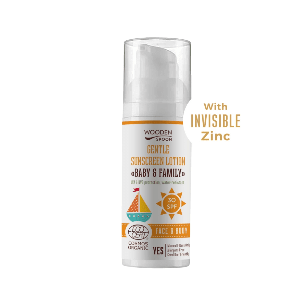 Opalovací tělové mléko Wooden Spoon Baby & Family SPF 30 s neviditelným zinkem, přírodní složení, šetrné k pokožce.