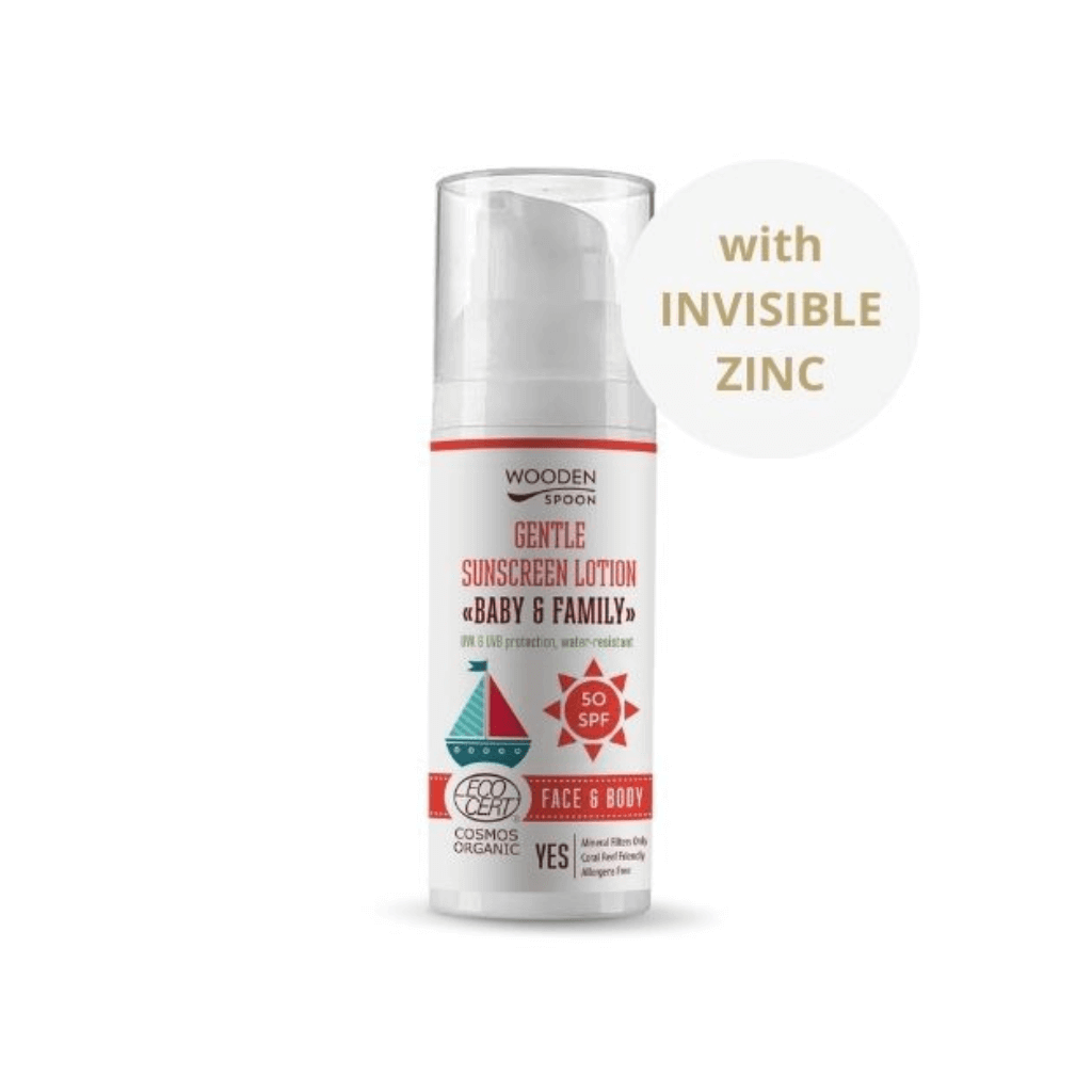 Dětský a rodinný opalovací krém Wooden Spoon SPF 50 s neviditelným zinkem, ideální pro citlivou pokožku.