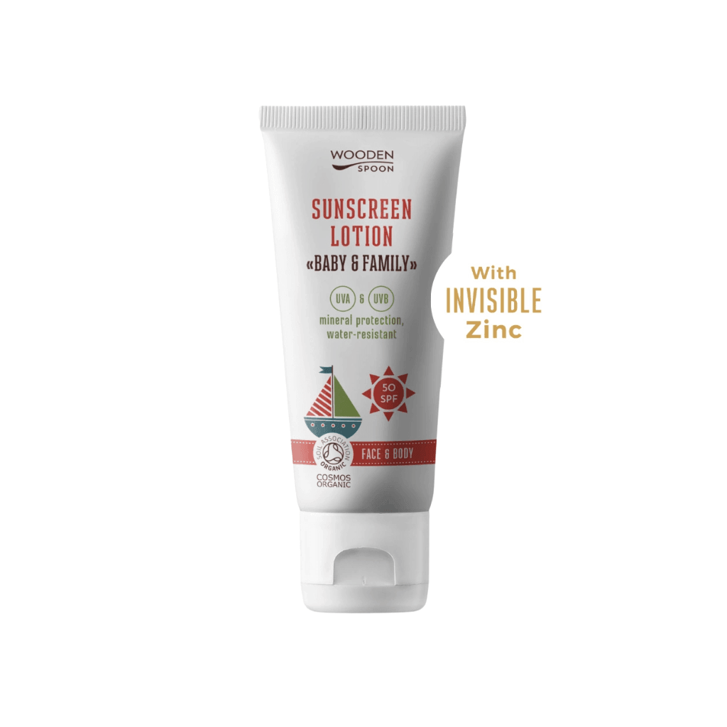 Opalovací tělové mléko Wooden Spoon Baby & Family SPF 50 s minerálním ochranným faktorem a bez parfemace.