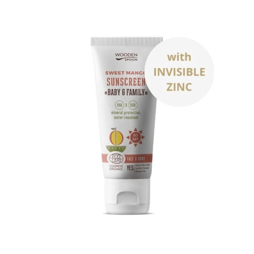 Opalovací tělové mléko Wooden Spoon Mango Baby & Family SPF 50 s přírodním složením a neviditelným zinkem.