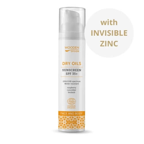 Opalovací mléko Wooden Spoon SPF 35+ se suchými oleji, neviditelný oxid zinečnatý, vhodné pro obličej i tělo.
